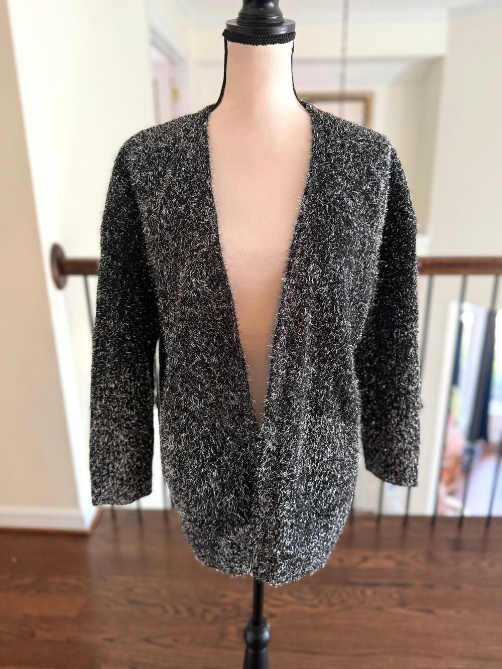 NWT FRNCH Black Wool Blend Silver Metallic Fluffy Texture Open Knit Cardigan